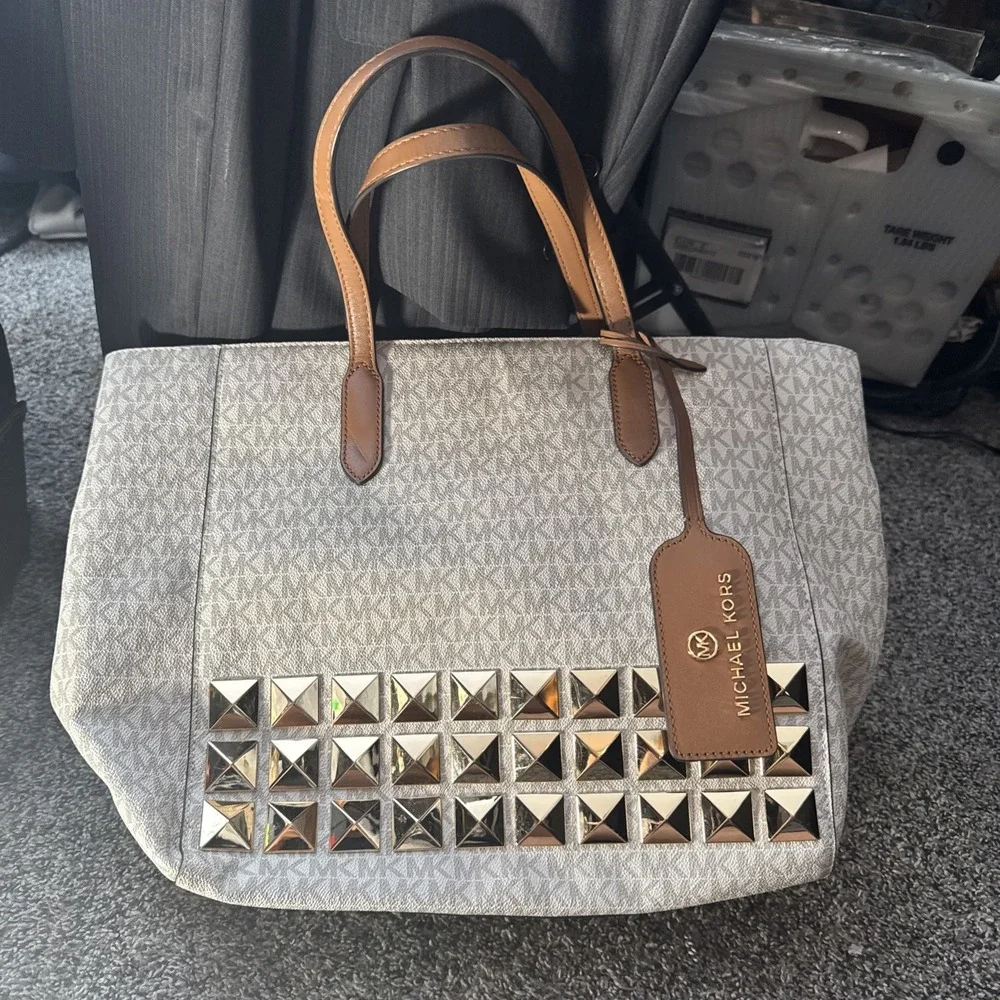 Michael Kors Brown Monogram Leather Sinclair Large Studded Tote